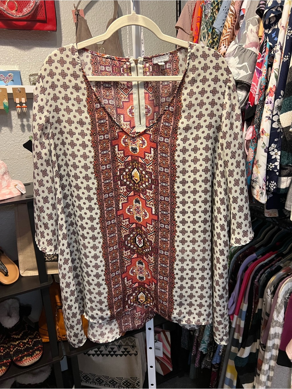 Eye Shadow Boho Print Tunic Blouse - Cream & Rust